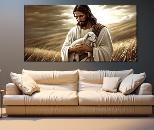Tableau sur toile Jésus et l'agneau perdu fresque religieuse 60x120cm