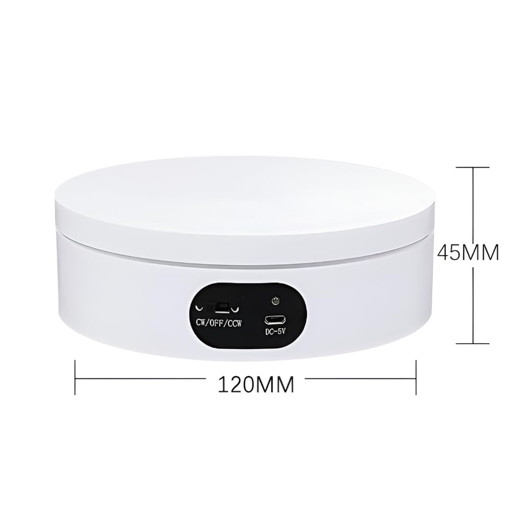 Powerpak ND120 12cm Electric Rotating Display Stand, USB-C 360° Electric Rotating Turntable Motor Panoramic Display Photography Video Shooting, Cake, Product, Jewellery, Watch | White (Load 2KG) 1