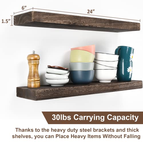 Floating Shelves For Wall Set Of 2, Rustic , 24 Inch, Natural Dark Wood ,Farmhouse, Thick Floating Shelf For Bathroom, Bedroom, Kitchen, Living Room, Office #TOP1