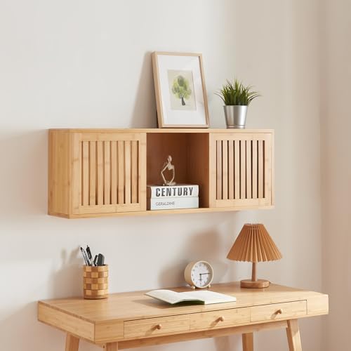 [en.casa] Étagère Murale Style Scandinave avec 2 Portes Coulissantes Armoire Murale Design pour Salon Chambre Bureau Entrée Salle de Bain Bambou 93 x 20 x...
