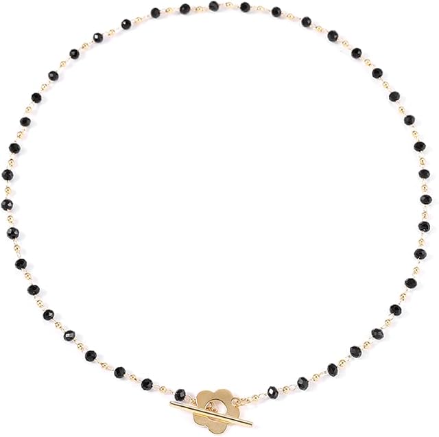 Ushiny Boho Beaded Choker Necklace Gold Flower Lariat Lock Necklace Black Beads Necklace Summer Beach Festival Jewellery for Women and Girls