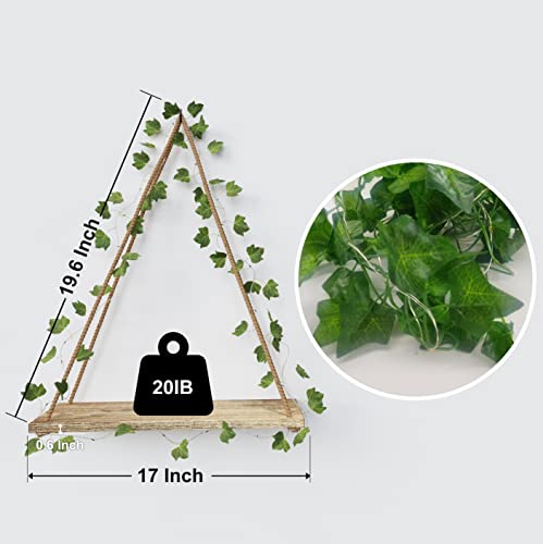 Artificial Ivy Led-Strip Wall Hanging Shelves Set Of 2, Hanging Plant Shelf, Macrame Wall Hanging Shelf For Bedroom Bathroom Living Room Kitchen, Wood Hanging Plant Shelves For Wall Décor #TOP3