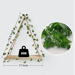 RICHER HOUSE Artificial Ivy LED Strip Wall Hanging Shelves Set of 2 Macrame Shelf for Bedroom Bathroom Living Room Kitchen Wood Hanging Plant Shelves for Wall Decor