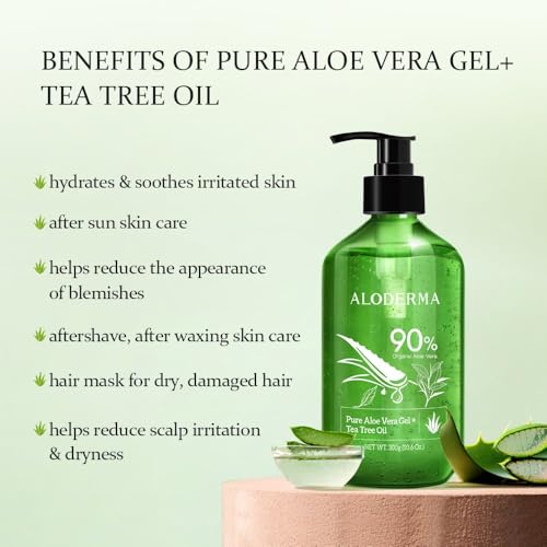 Aloderma Aloe Vera Gel + Tea Tree Oil, Made within 12 Hours of Harvest with 90% Organic Aloe Vera, Multipurpose Use for After Sun, Hair, Scalp, and Face or Shaving Gel & Aftershave - 10.6Oz