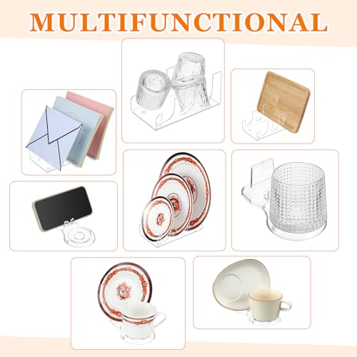 RattanView 18 Pcs Acrylic China Dinnerware Display Stand 6 Pcs 7 Inch Acrylic Easel Holder 8 Pcs Tea Cup Display Stand 4 Pcs 3 Tiers China Plate Holder for Dinner Utensils Tableware, Picture