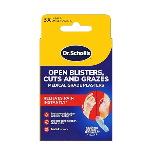 Dr. Scholl's Open Blisters, Cuts and Grazes Medical Grade Blister Plasters with Hydrogel Technology, Pack of 6 - Relieves Pain Instantly, Hypoallergenic Plasters for Wounds, for Use on Feet and Body