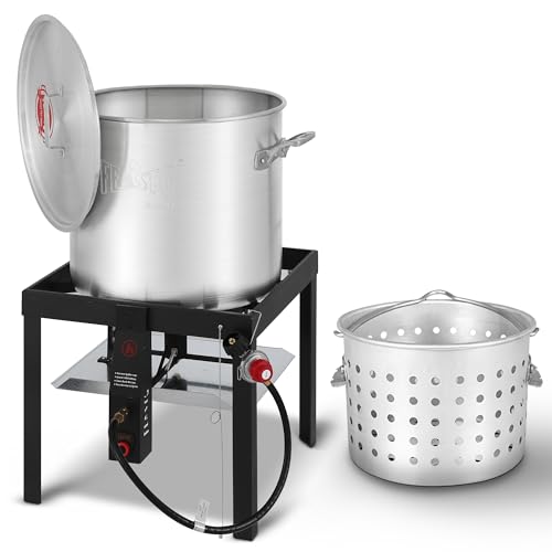 Image of Feasto 60QT Seafood Boil Pot with Basket and Burner for Outdoor Cooking | 60QT Aluminum Seafood Boil Kit, 100,000 BTU Burner, Electronic Ignition, for Crawfish, Crab, Shrimp (Regulator Included)
