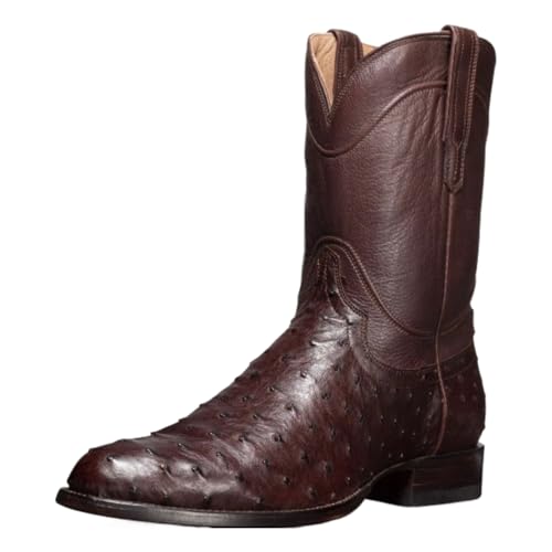 QKLMWES Unisex Ostrich Leather Pull-On Western Cowboy Boots Fashionable Pointed Toe Block Heel Comfortable Non-Slip Warm Mid-Tube Casual Boots For Daily Party Activities Outdoor