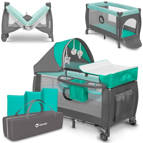 lionelo Sven Plus boîte 2 en 1 lit bébé, Table à Langer, Jouets, baldaquin Suspendu avec moustiquaire, entrée latérale supplémentaire Rouleaux, Mobiles, système LockGuard
