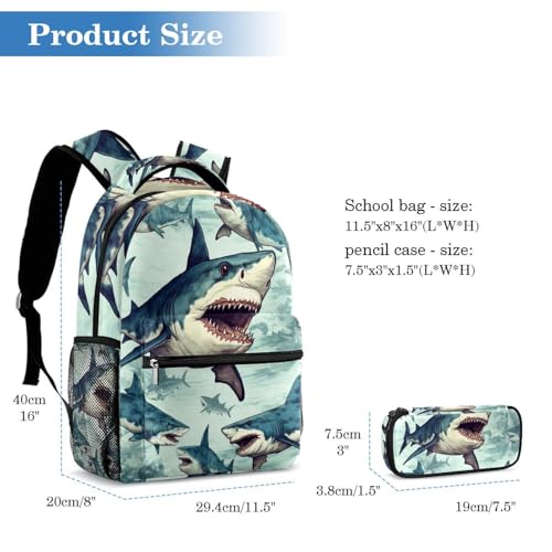 Sac à dos imprimé requin avec trousse d'école pour élèves - 2