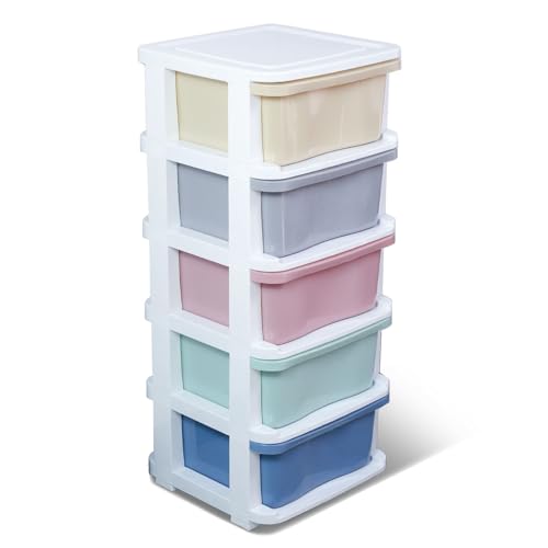 SKY-TOUCH Drawer Storage Cabinet Organizer Drawer Storage Multi-Color 5-Tiered Organizer Drawers with Removable Wheels for home Storage 35x35x85cm - (Refer to Instructions Avoid installation errors)