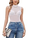 Avidlove Sheer Bodysuits for Women Summer Sexy Tops Mesh Crew Neck Leotards Shirts Sleeveless Going Out Bodysuit Tops White XL