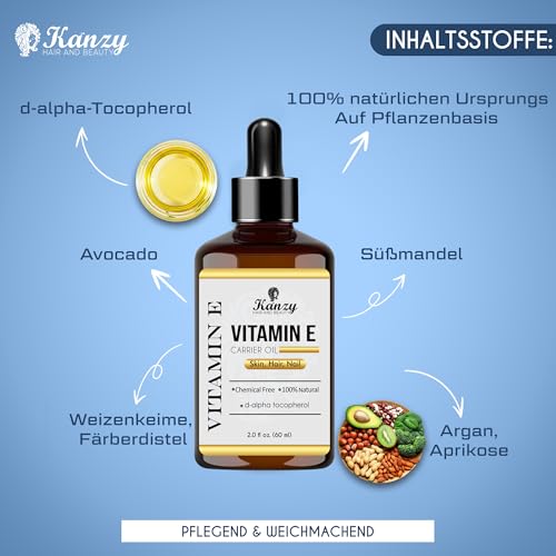 Kanzy Vitamin-E-Öl-Tropfen für Kosmetik, 60 ml, d-Alpha-Tocopherol, Anti-Falten, Anti-Aging, Vitamin-E-Öl gegen alle Arten von Falten, für Haut, Nägel und Haare – Bild 3