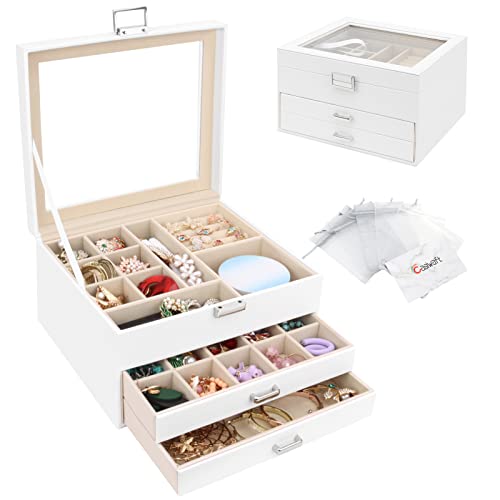 Casiwaft Caja Joyero con tapa de vidrio y 2 cajones, Joyeros Mujer Organizador de cuero PU de 3 Niveles, joyero grande para anillos, pulseras, pendientes, collares, Blanco Cover