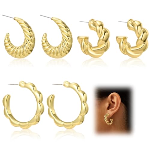 IKOPFLN Juego de 3 Pares de Pendientes para Mujer,Pendientes de aro entrelazados para mujer,Pendientes de aro de oro grueso hipoalergénicos vintage