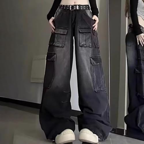 Summer Plus Size Baggy Straight Wide Leg Jeans for Women Unisex Washed Black Multi-Pocket Cargo Denim Pants4