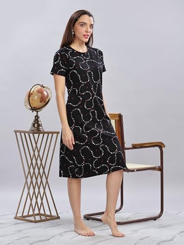 Image of 9shines Label Hosiery Cotton Knee Length Short Night Dress | Short Nighty for Women with Pocket | Graphic Print Nightwear | Night Gown for Women (M-7XL)