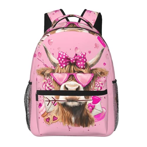 Cute Highland Cow with Bow Heart Glasses Backpack Large Capacity Lightweight Casual Travel Sports Backpack 11.4X7.8X15.7 inch