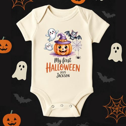 Personalized My First Halloween Baby Romper, 2025 Pumpkin Ghost Bodysuit for Boys Girls, Cute Fall Baby Outfit4