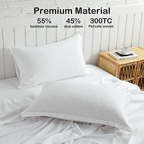 Pandatex White Linen-Textured 55% Viscose From Bamboo 45% Cotton Sheets Set Queen Size, Soft Cool & Breathable Sheets For Hot Sleepers, Durable Natural Organic Bed Sheets 16" Deep Pocket - 4 Piece #TOP2