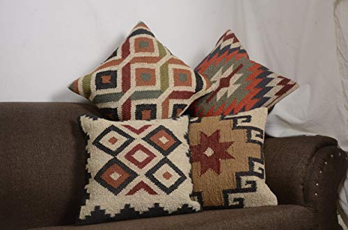 Chouhan Rugs Juego de 4 fundas de cojín de yute de lana tejida a mano Cover