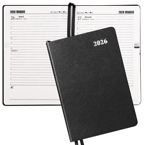LEMESO Agenda 2026 Giornaliera A5 in Italiano Diario Planner 2026 12 Mesi con Pagine Calendario, Rubrica, con Copertina in Pelle, Segnalibri (Nero)