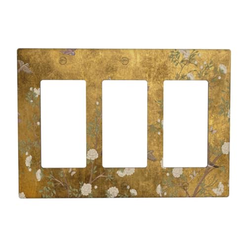 Decorative Outlet Covers Vintage White Flowers Birds on Golden Background 3 Gang Outlet Cover Wall Plate Triple Rocker Light Switch Cover Plate Switch Plate Covers for Home Decor