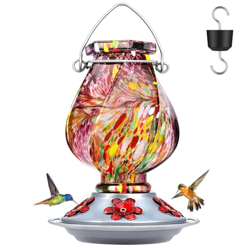 BOLITE Hummingbird Feeder, Hand Blown Glass Hummingbird Feeders for Outdoors Hanging with Ant Moat, 5 Bee-Proof Ports, Leak-Proof, 360° Perch, 22oz, Purple, Gifts for Women Men, Gifts for Mo