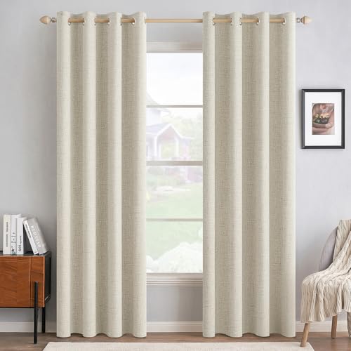 Image of MIULEE 100% Blackout Linen Textured Curtains for Bedroom Solid Thermal Insulated Light Ivory Grommet Room Darkening Curtains & Drapes Luxury Decor for Living Room 52 x 90 Inch (2 Panels)