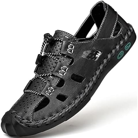 DZUJY Sandals Man Slippers For Men Flip Flops Men's Closed Toe Summer Shoes Leather Breathable Outdoor Casual Shoe Beach Sport Hiking Work Male Rubber Black Wide Big Size 8.5 Cover