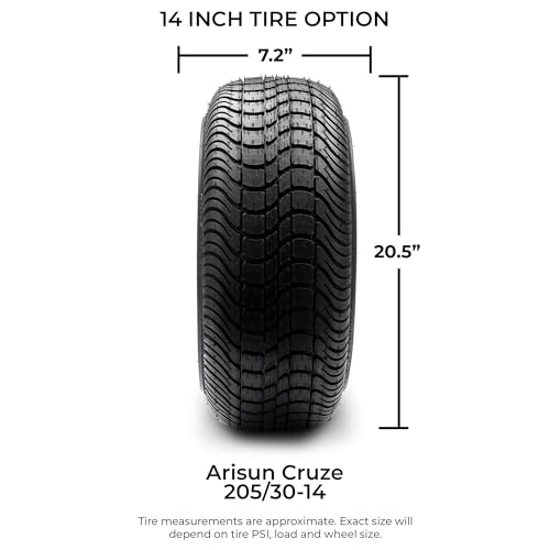 MODZ® Vampire Glossy Black 14" Golf Cart Wheels and Arisun Cruze (205/30-14) Low Profile DOT Golf Cart Tires Combo - Set of 4