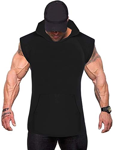 KINGBEGA Men Workout Hooded Tank Tops Hoodie Breathable Summer Sleeveless Bodybuilding Vest (Black XL)