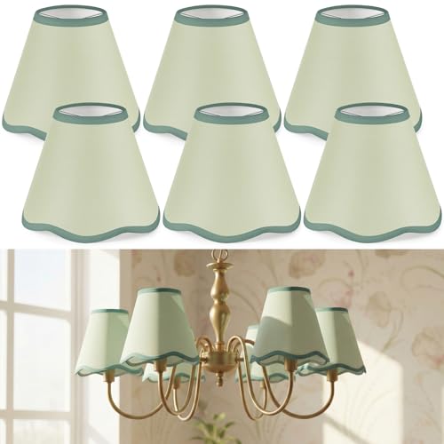 VIHOSE 6 Pack Chandelier Lamp Shades Mini Scalloped Bell Shade With Petal Edges 2.9 Top x 5.9 Bottom x 5.1High Fabric Lampshade Clip On Bulb For Table Wall Living Room Bedroom Easy Assembly (Green)