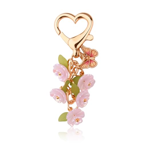 Floral Flower Charm Keychain for Backpack Bag Charms for Handbags Purse Pink Flower Butterfly Charm Car Keys Rings with Heart Clasp Phone Purse Charms for Handbags
