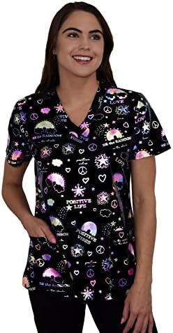 GT Performance Womens Medical Nursing Foil Printed Scrub Uniform Top Zinnia