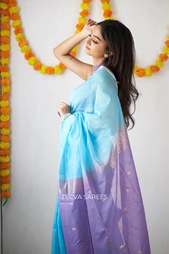 Image of ZECVA Women's Pure Soft Spun Cotton Lichi Silk Saree For Women With Attach Unstitch Blouse Piece