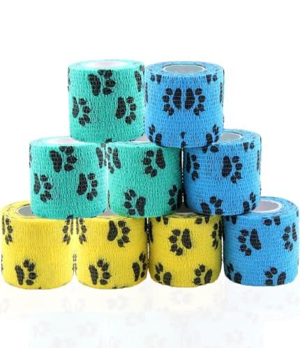 Image of Self Adhesive Bandage Wrap - Pack of 12 Assorted Colors, Breathable & Water-Resistant Vet Wrap for First Aid, Sports Injury, Body Sprains, & Pets (2 Inch Paw Print Multicolor - 09 Pack)