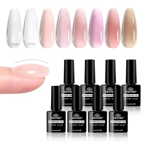 EBANKU 8 Couleurs Kit Gel Construction Ongle UV, 8 en 1 Builder Base Gel Nude Pink Gummy Base Pose Americaine Nail Extension UV/LED pour Extension Et Renforcement-Manucure de Réparation