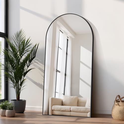 COFENY Espejo de Pie Cuerpo Entero Curvado 180 x 86 cm, Espejos Grandes de Pared con Marco de Aluminio, Espejo de Pie Inclinado o Colgante para Salón, Dormitorio, Entrada, Negro