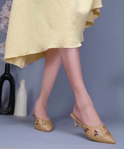 Image of JM LOOKS Pointed Toe Kitten Heel Mules Featuring Exquisite Bee Embroidery and Shimmering Textured Fabric Finish