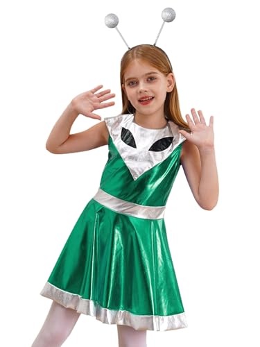 Eandarui Disfraz de fiesta alienígena para niños y niñas, disfraz metálico con purpurina, minivestido con estampado de ojos de alien, vestido de fiesta con diadema alienígena, disfraz infantil