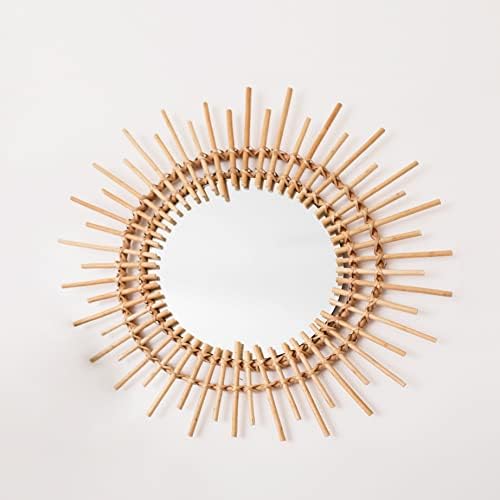 Swan Materials Rattan Mirror, Boho Round Hanging Wall Mirror 24 Inches, Rustic Wooden Frame Circle Mirror for Farmhouse, Bedroom, Bathroom, Fireplace, Or Entryway.