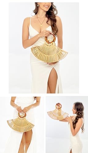 Image of Bamboo Purses for Women Natural Bamboo Acrylic Handle Clutch Small Tote Elegant Evening Bag for Vacation Wedding Travel