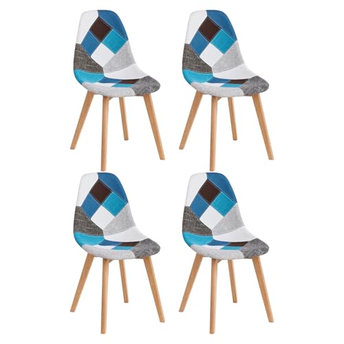 GrandCA HOME Lot de 4 Chaises de Salle à Manger, Chaises de Salon Patchwork de Style Nordique, Adaptées à la Cuisine, à la Chambre (Bleu-4)