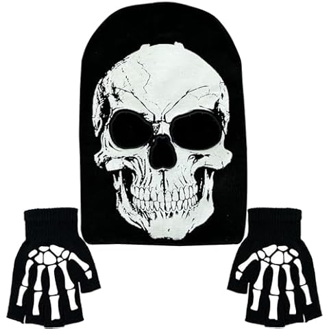 BOMJJOR Skeleton Face Mask Knit Beanie with Eye Holes Halloween Skull Dress Up Headdress Cap Winter Warm Hat Cover