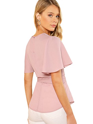 Romwe Women's Self Tie Wist Short Sleeve Casual Chiffon Blouse Tops Pink Large #TOP2
