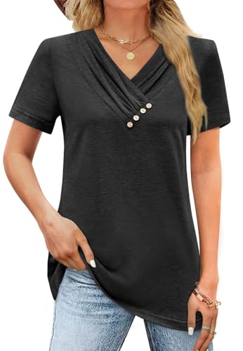 iudam Damen T-Shirt Kurzarm V Ausschnitt Oberteil Locker Basic Shirt Tops Sommer Knopf Casual Bluse,Schwarz,XXL
