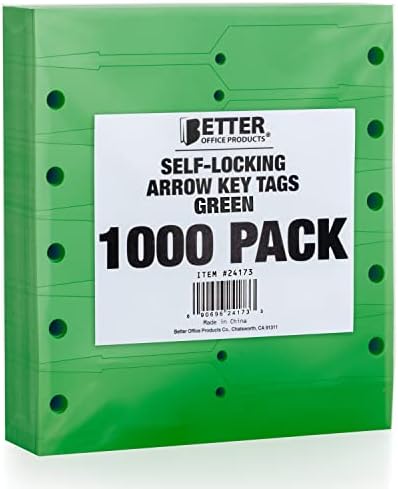 Self-Locking Arrow Key Tags, 1,000 Per Pack, 4.5″ x 0.75″, Plastic ID Key Tags, Precision Die Cut, by Better Office Products (Green)