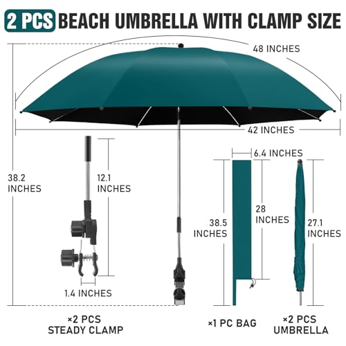 Image of 2 PACK Beach Umbrella with Clamp, 360 Adjustable Umbrellas for Chair, UPF50+ Umbrella for Beach Chair, Patio Chair, Wheelchair, Camping Chair, Golf Carts (Chair Not Included)