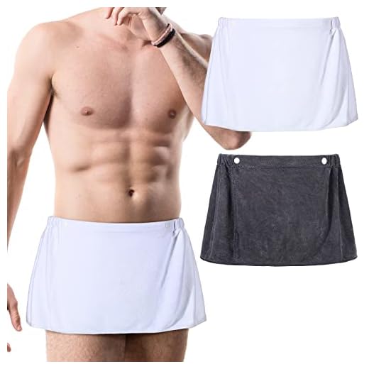 Preboun Men's Bath Towel Wearable Shower Wrap Short Pants Soft Mircofiber Swimming Towel Wrap with Snap Closure(Grey, White, 2 Pack)
